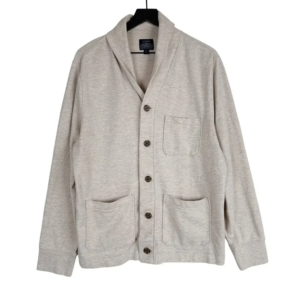 J.Crew Mens Authentic Fleece Cardigan Sweater Beige Taupe - L